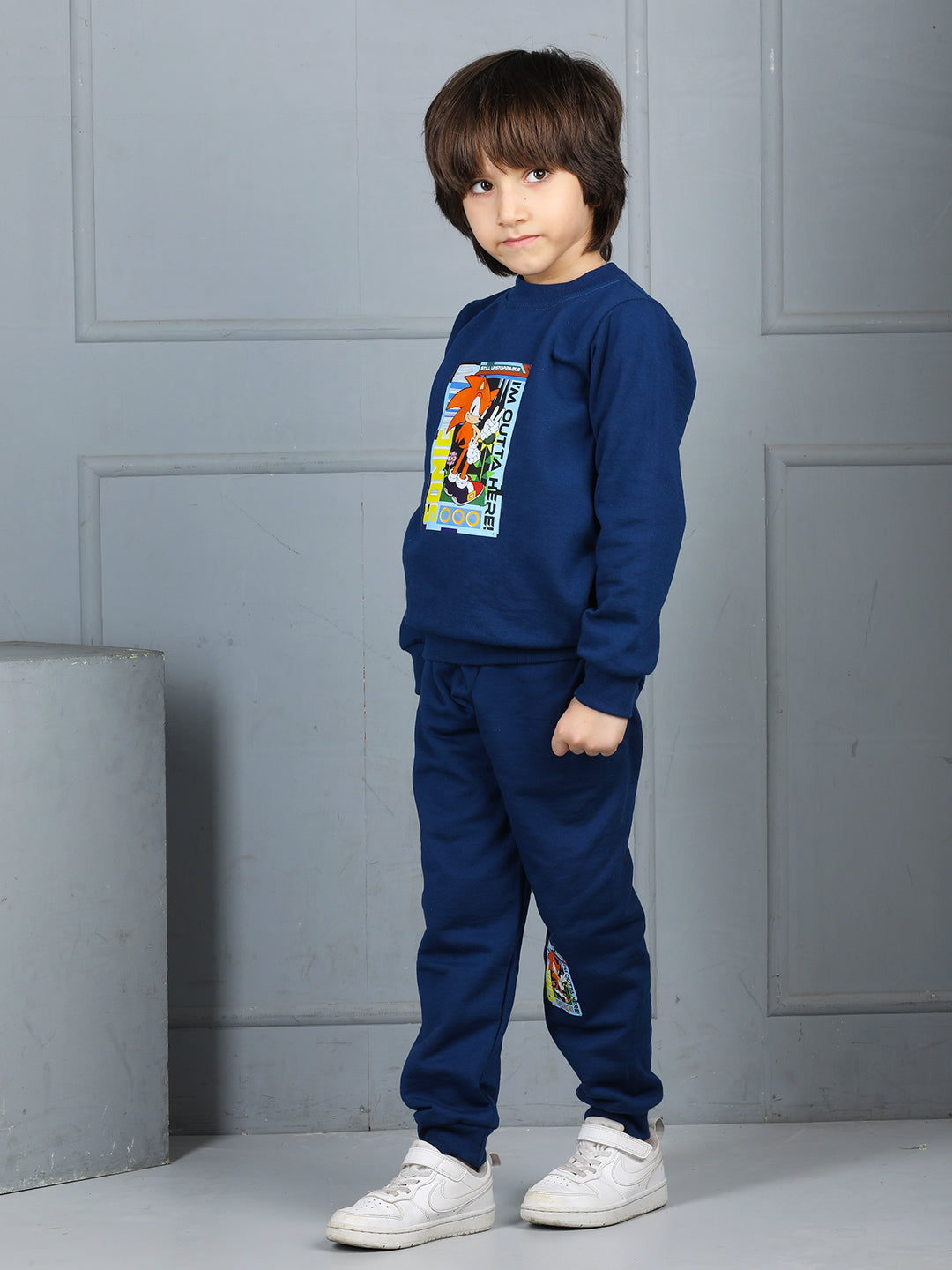Cutiekins Boys Sonic Graphic Print cozy Tracksuit -Navy Blue & Orange