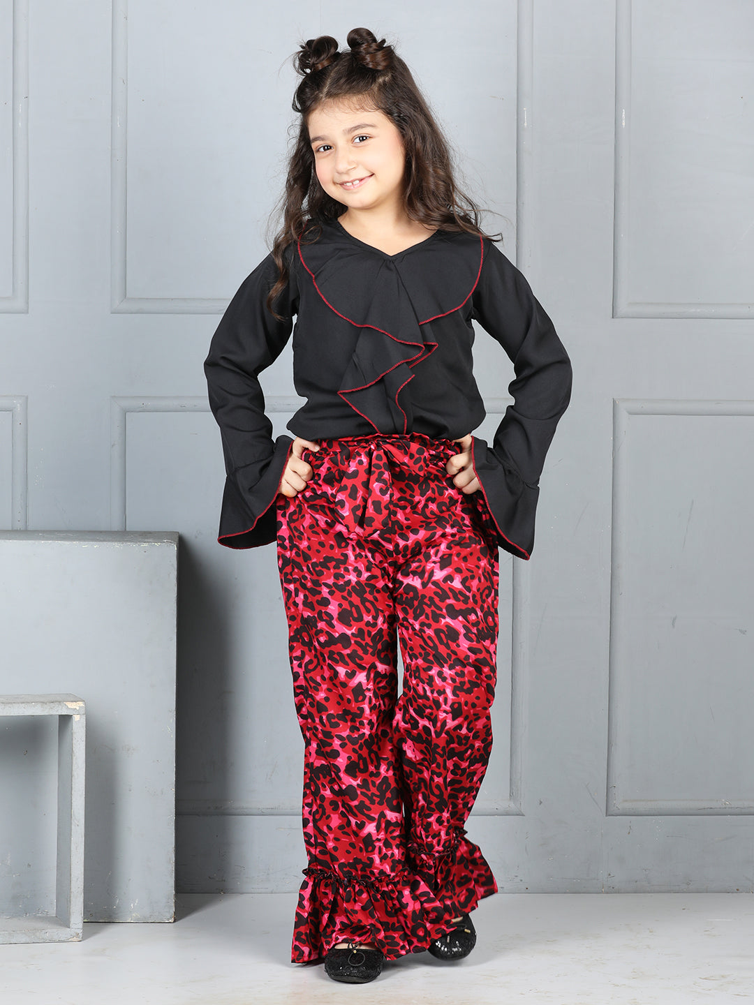 Cutiekins Girls V-Neck Solid Top With Printed Palazzo -Black & Maroon