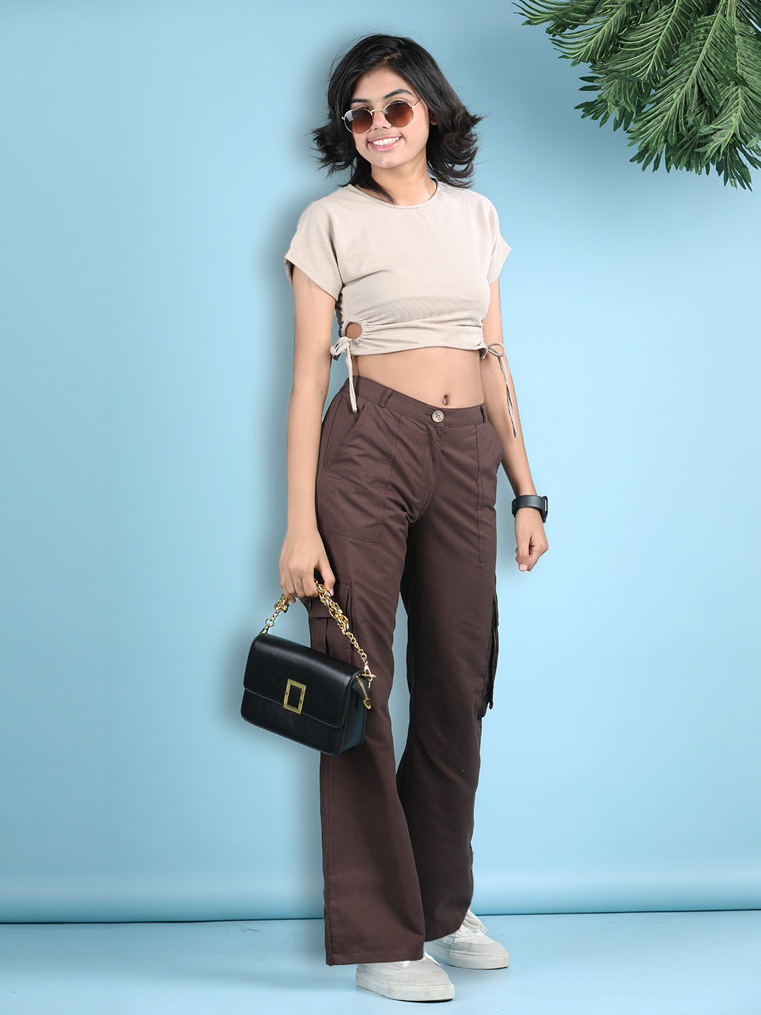 Cutiekins Girls Solid Embellished Top with Solid Cargo -Beige & Coffee Brown