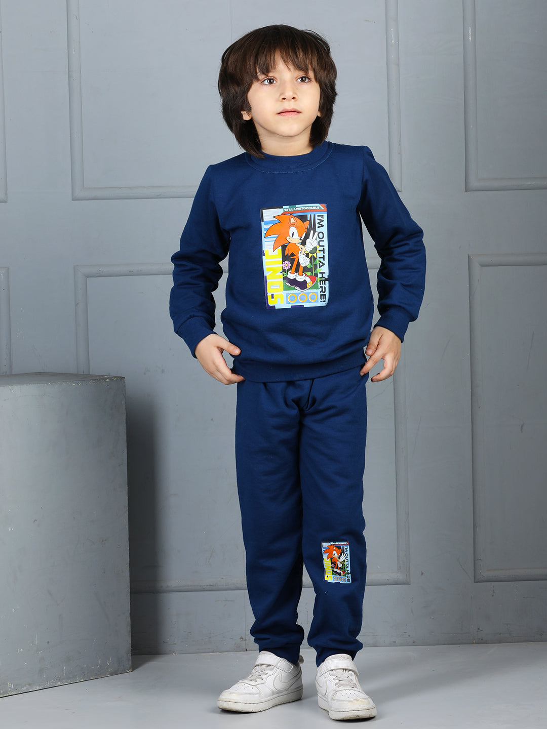 Cutiekins Boys Sonic Graphic Print cozy Tracksuit -Navy Blue & Orange