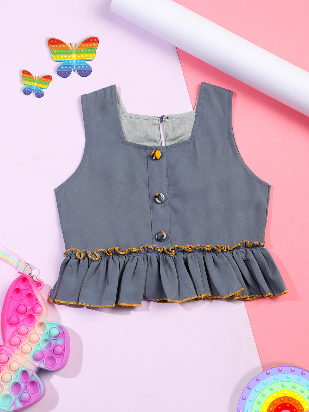 Cutiekins Girls Solid Embellished Crop Top -Grey