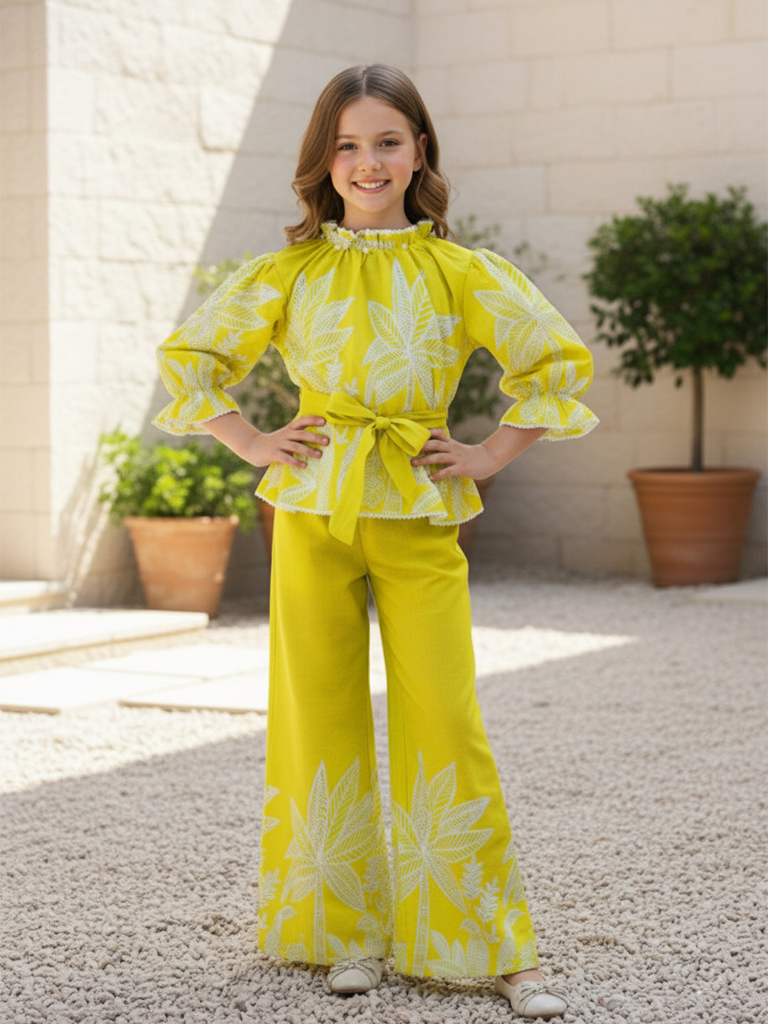 Cutiekins Girls Trendy Floral Print Peplum Top and Wide Leg Pants Co-Ord Set - Yellow & White