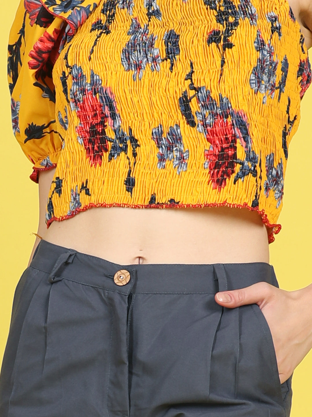 Cutiekins Girls Trendy Bold Look Crop Top With Solid Cargo -Mustard & Dark Gray