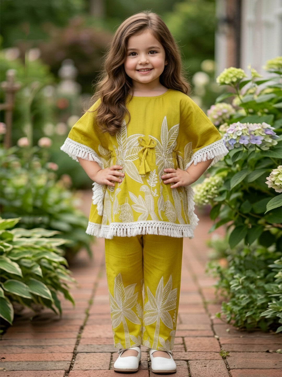 Cutiekins Girls Floral Print Top With Matching Trouser - Mustard & White