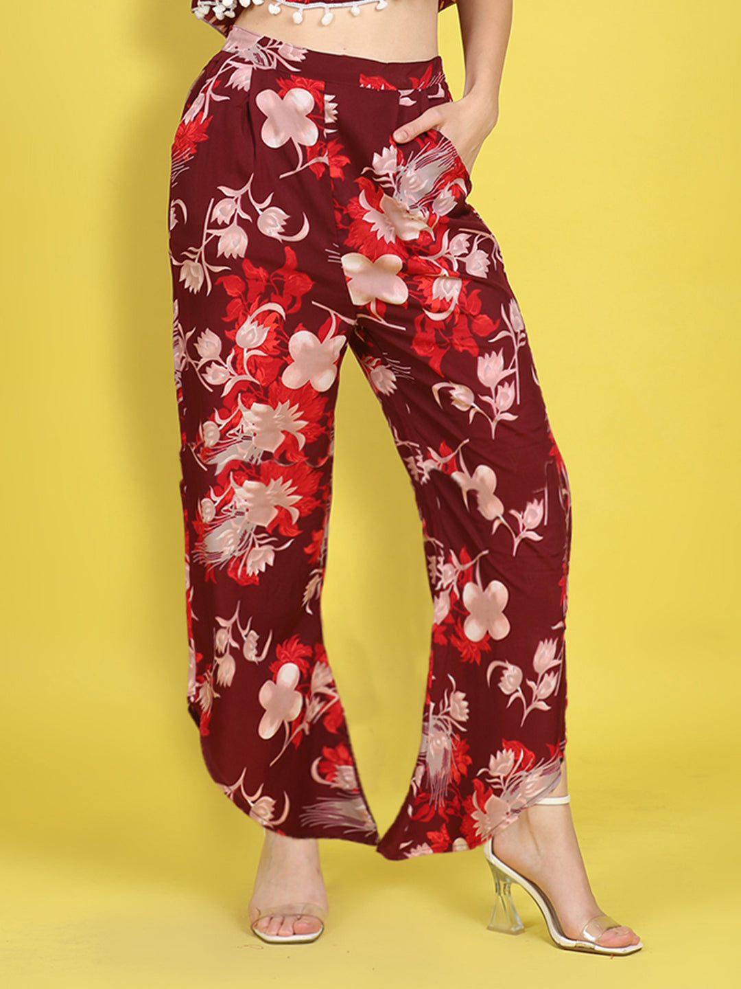 Cutiekins Girls Trendy Bold Style Printed Palazzo -Maroon & Off White