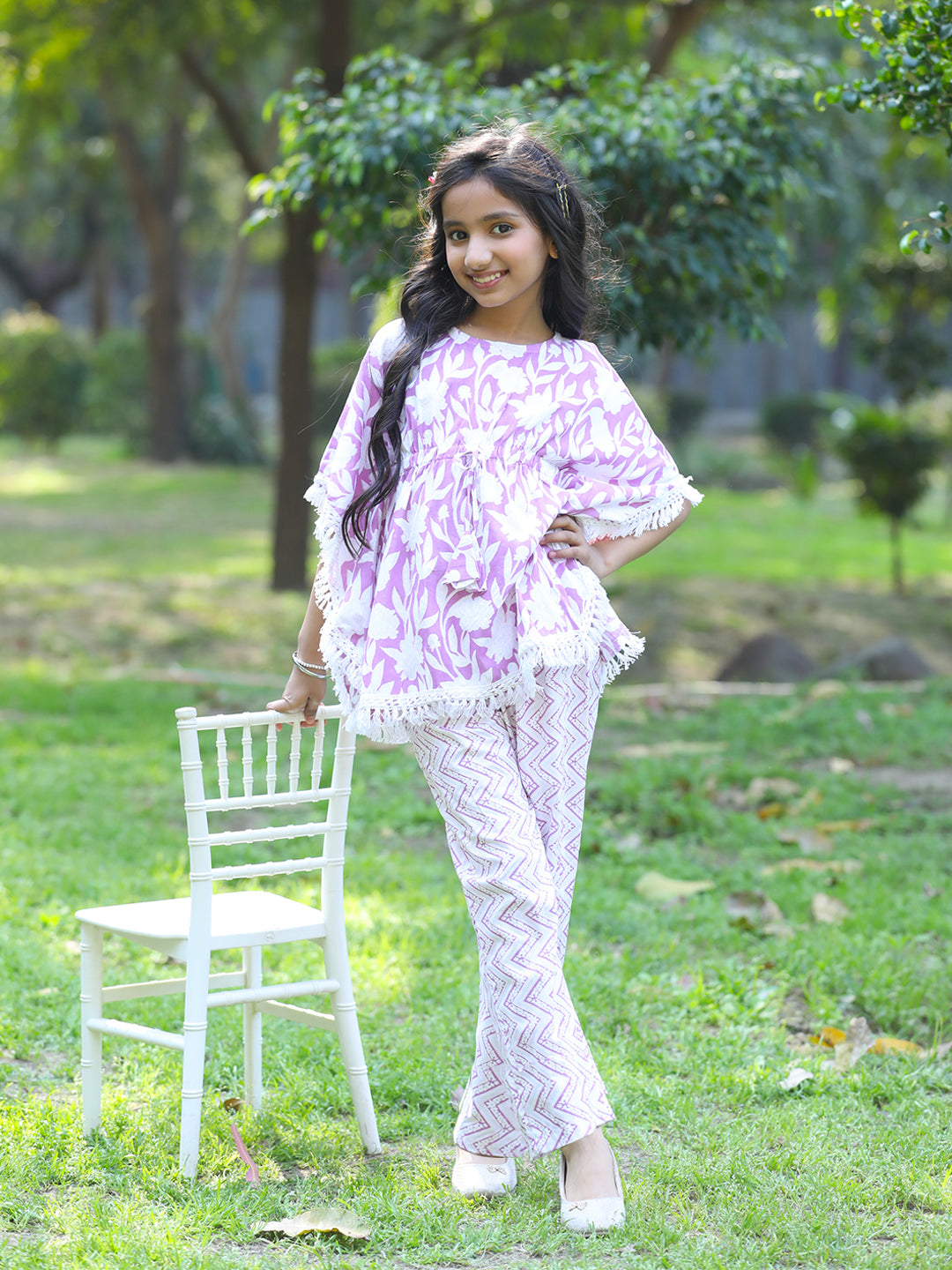 Cutiekins Girls Trendy Floral Print Kaftan Kurta and Palazzo Set -Onion Pink & Off White