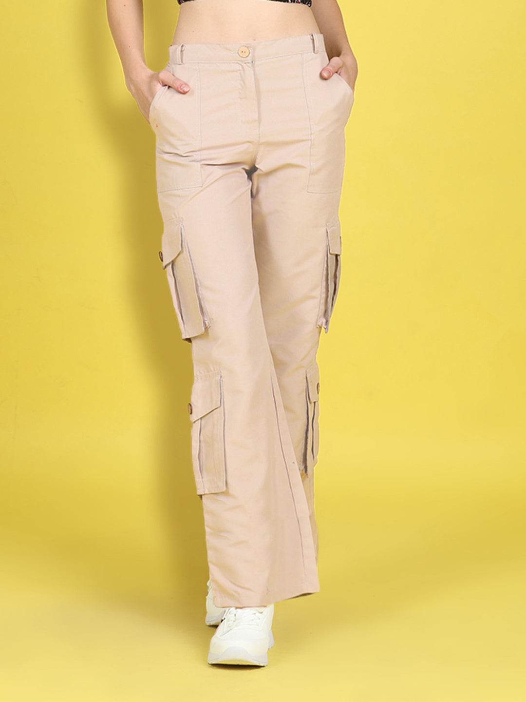 Cutiekins Girls Regular-Fit Solid Cargo Pant -Beige