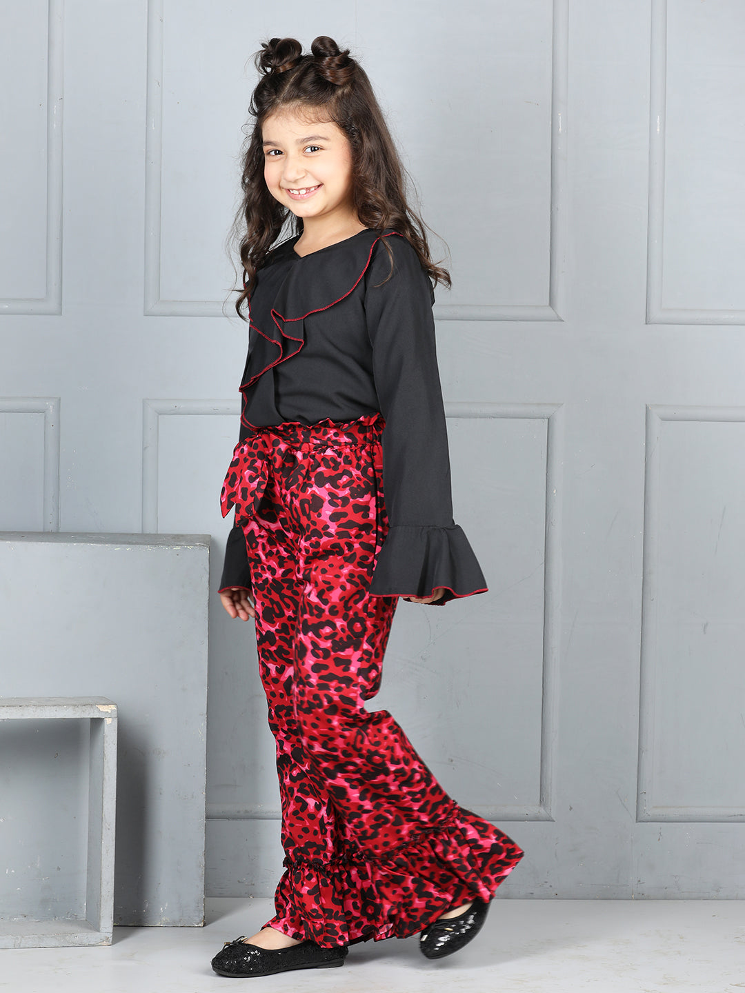 Cutiekins Girls V-Neck Solid Top With Printed Palazzo -Black & Maroon