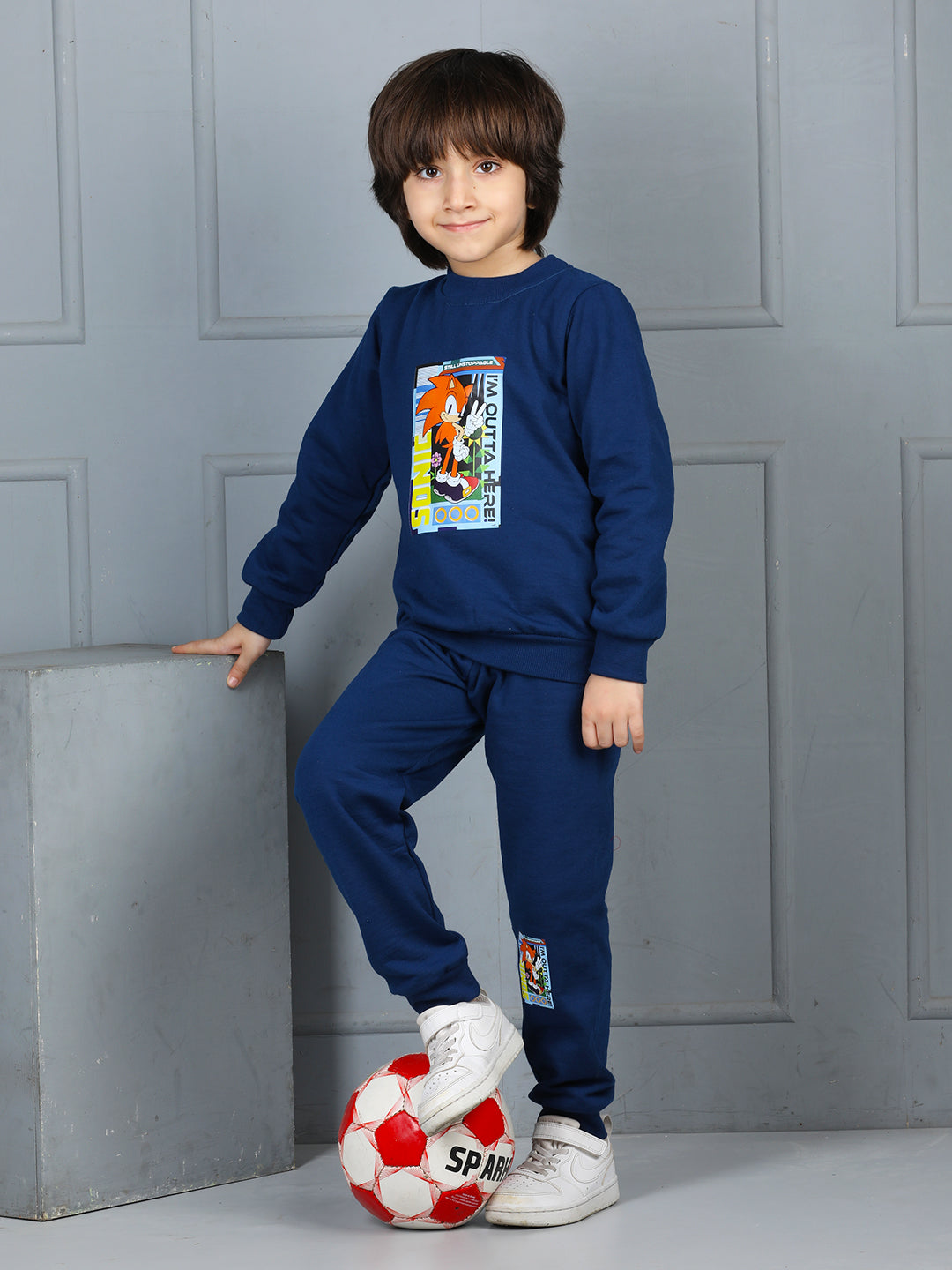 Cutiekins Boys Sonic Graphic Print cozy Tracksuit -Navy Blue & Orange