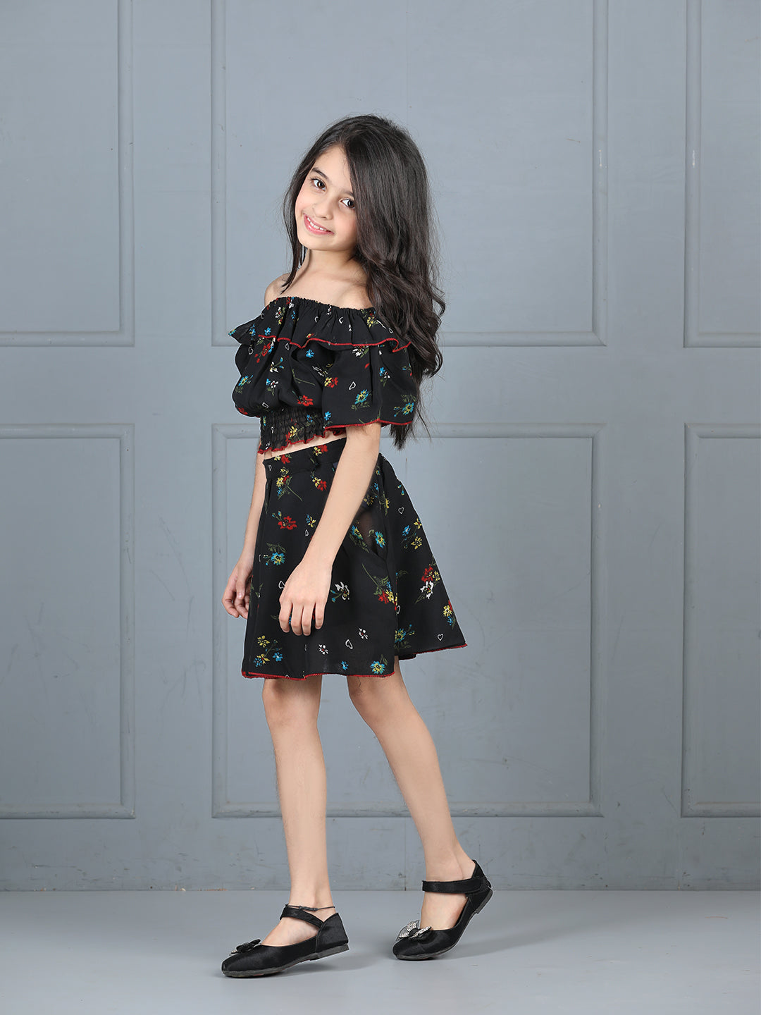 Cutiekins Girls Floral Printed Embellished Top With Printed Skirt -Black & Multi