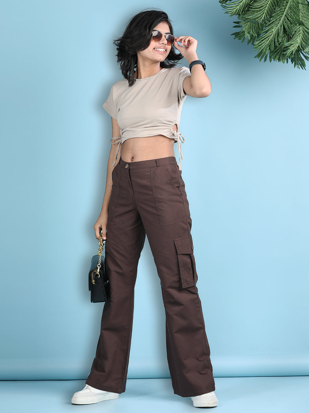 Cutiekins Girls Solid Embellished Top with Solid Cargo -Beige & Coffee Brown