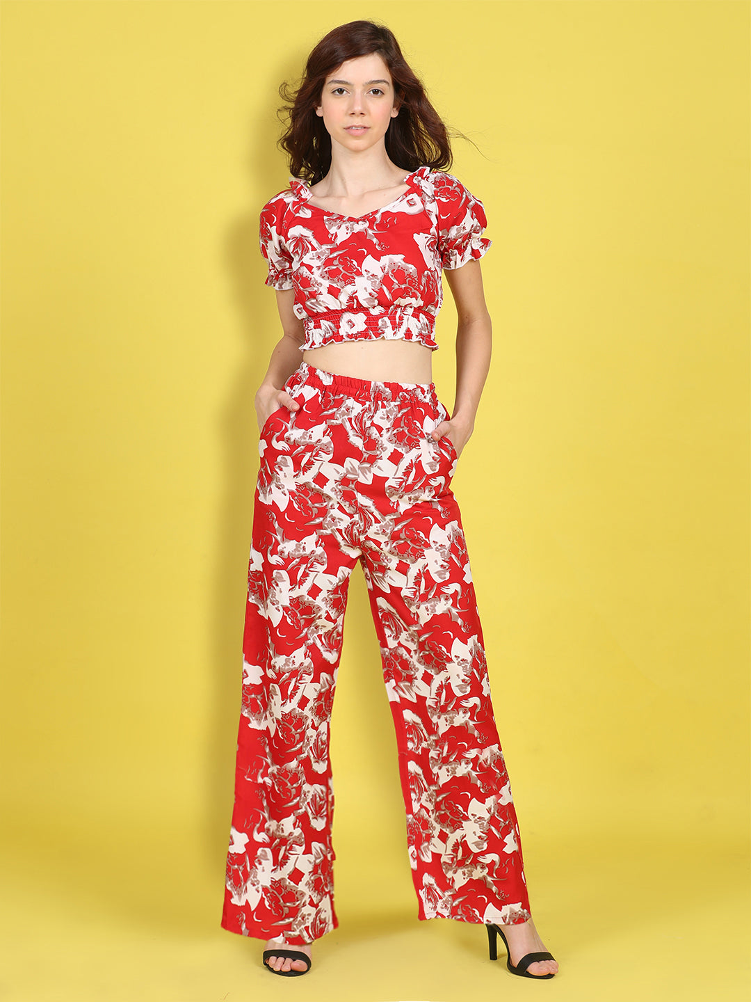 Cutiekins Girls Trendy Bold Style Printed Top & Palazzo Co-ord Set -Red & Off White