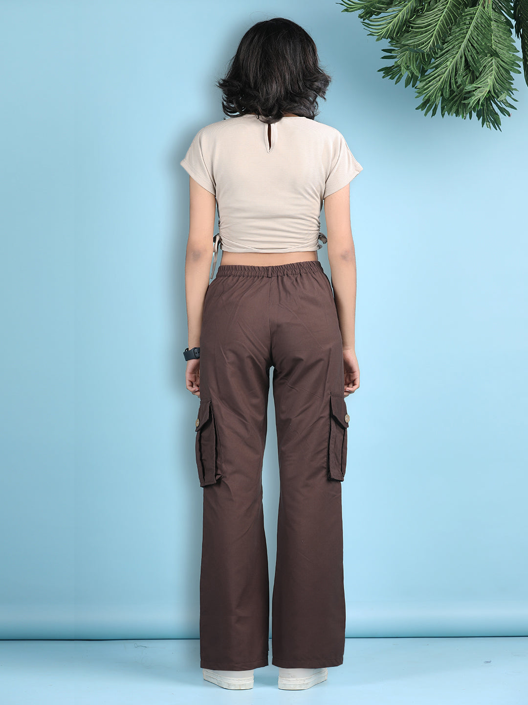 Cutiekins Girls Solid Embellished Top with Solid Cargo -Beige & Coffee Brown