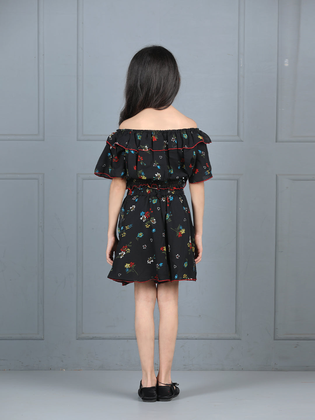 Cutiekins Girls Floral Printed Embellished Top With Printed Skirt -Black & Multi