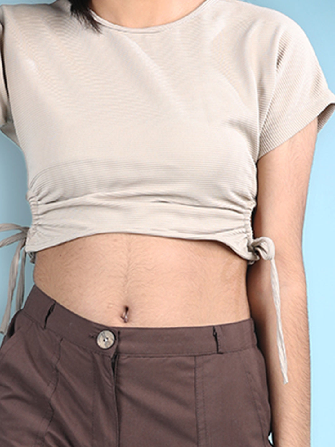 Cutiekins Girls Solid Embellished Top with Solid Cargo -Beige & Coffee Brown