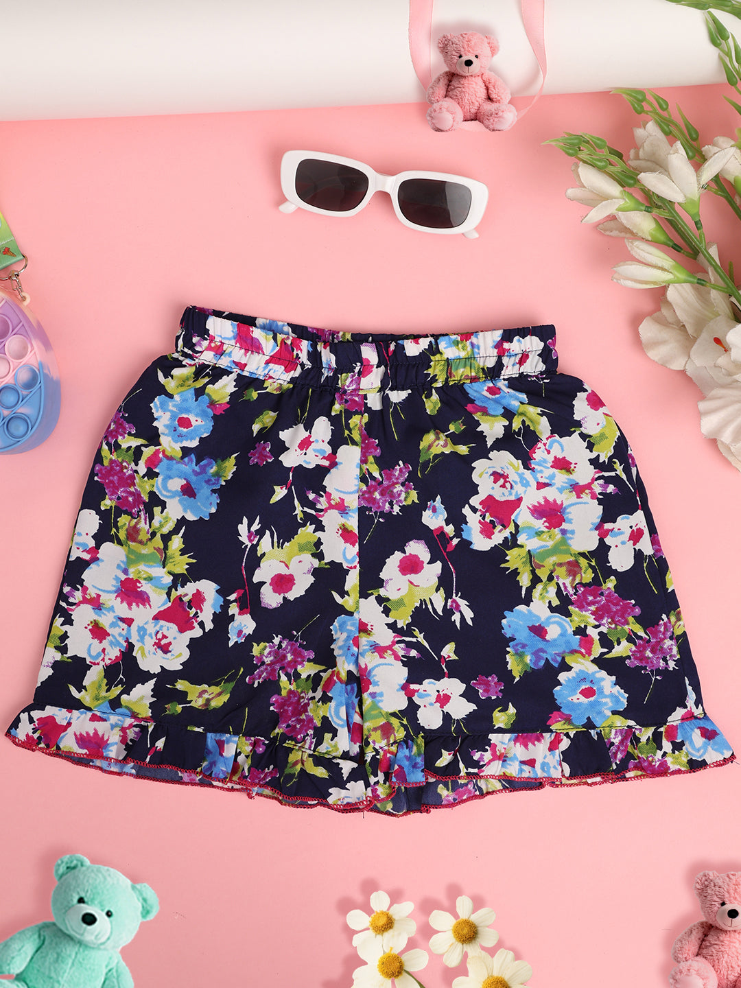Cutiekins Girls Floral Print Embellished Short -Navy & Multi