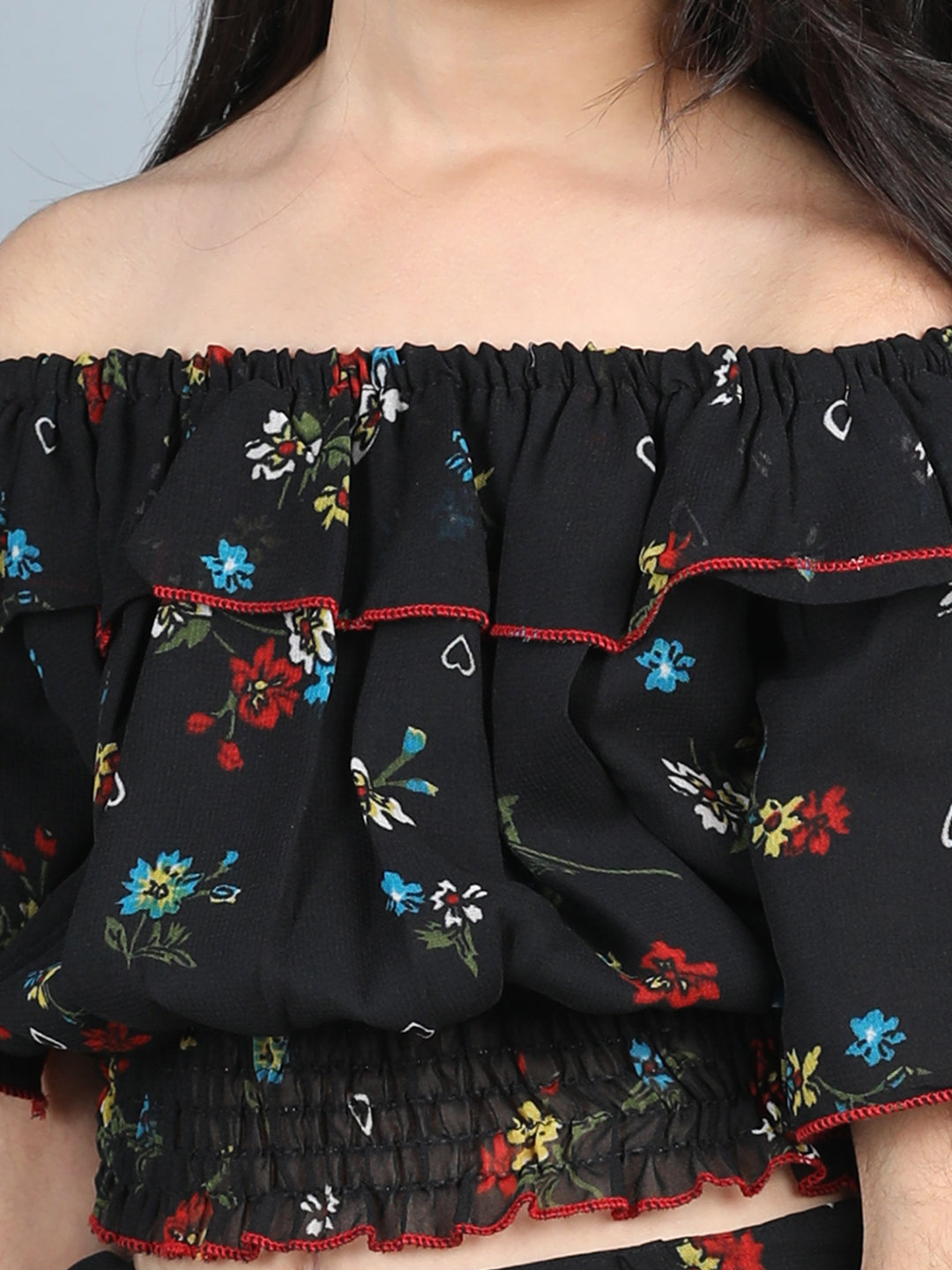 Cutiekins Girls Floral Printed Embellished Top With Printed Skirt -Black & Multi