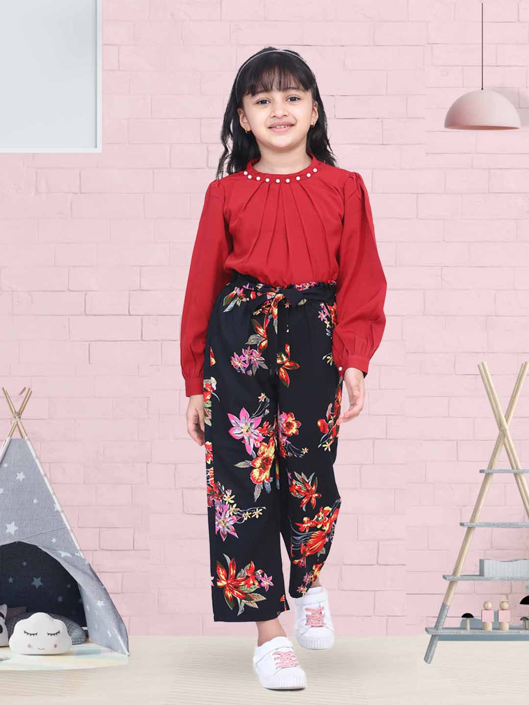 Cutiekins Solid Pearl Top & Floral Print Palazzo Set -Maroon & Black