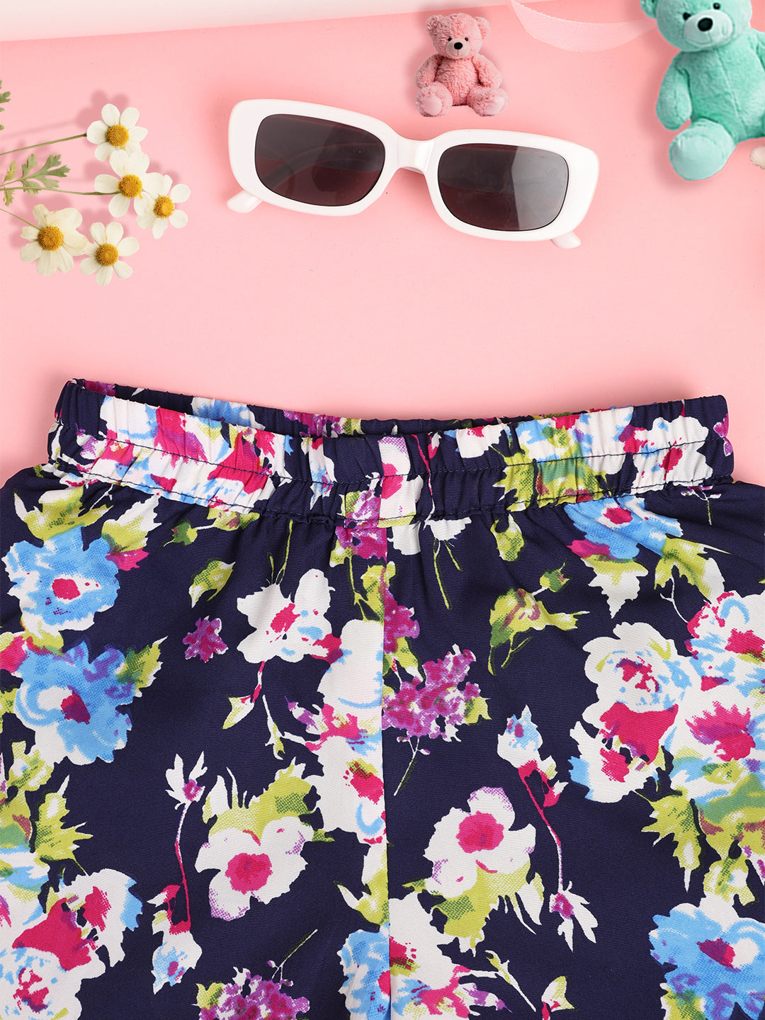 Cutiekins Girls Floral Print Embellished Short -Navy & Multi