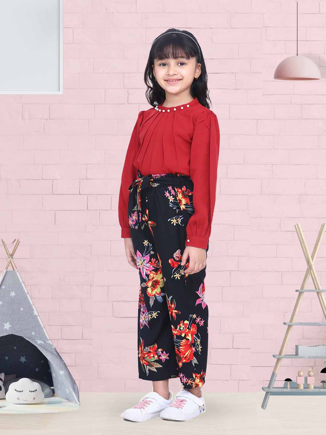 Cutiekins Solid Pearl Top & Floral Print Palazzo Set -Maroon & Black