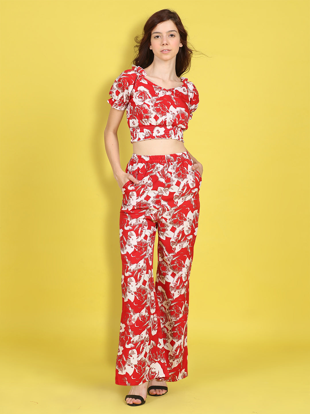 Cutiekins Girls Trendy Bold Style Printed Top & Palazzo Co-ord Set -Red & Off White