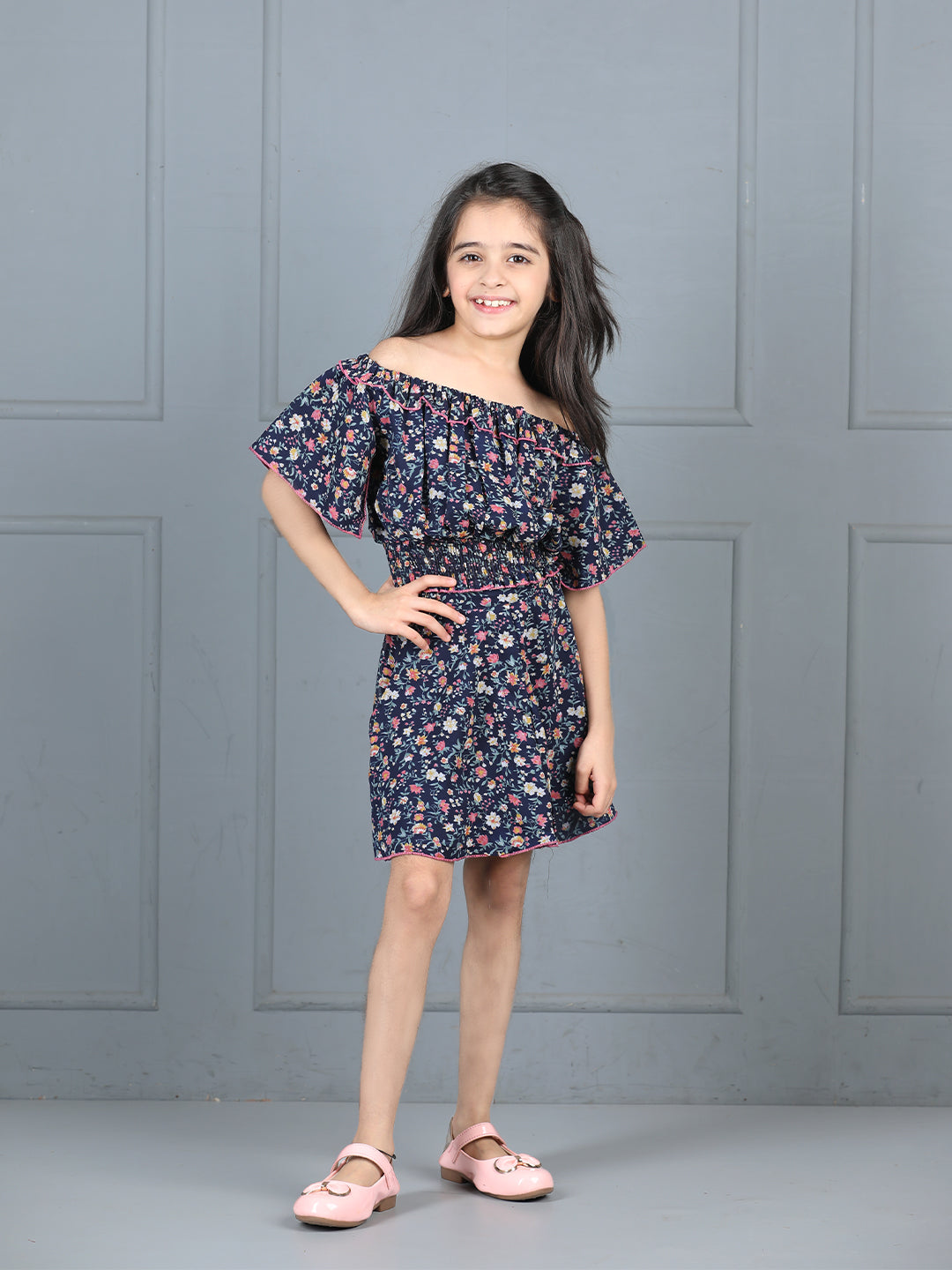 Cutiekins Girls Floral Printed Embellished Top With Printed Skirt -Dark Blue & Multi