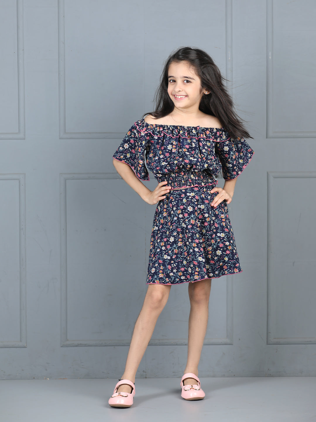 Cutiekins Girls Floral Printed Embellished Top With Printed Skirt -Dark Blue & Multi