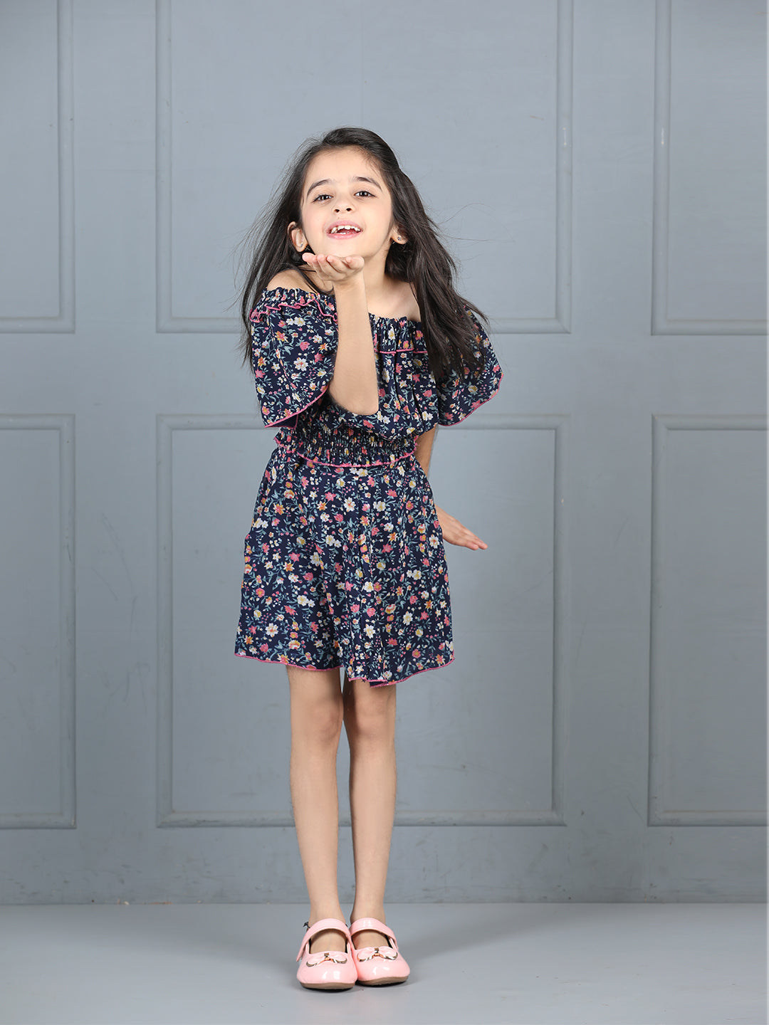 Cutiekins Girls Floral Printed Embellished Top With Printed Skirt -Dark Blue & Multi