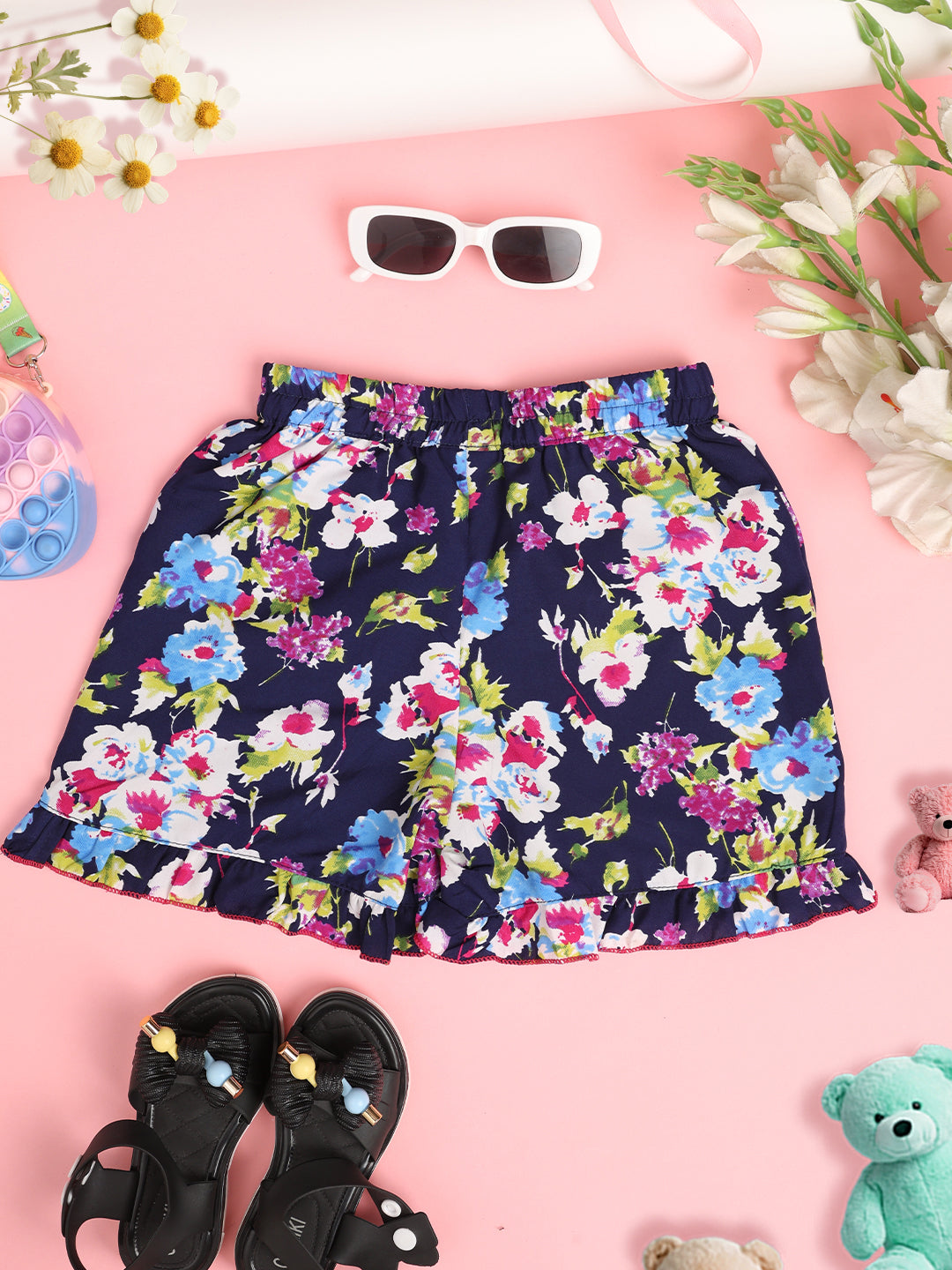 Cutiekins Girls Floral Print Embellished Short -Navy & Multi