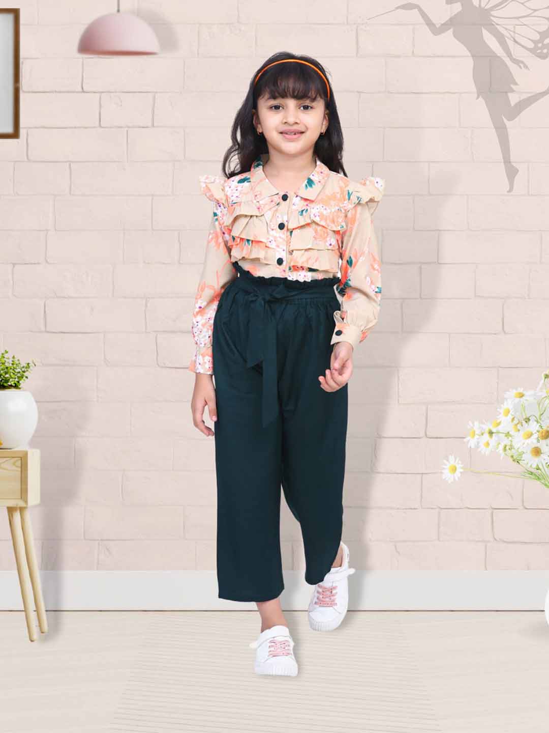 Cutiekins Floral Print Shirt Style Top & Floral Linen Palazzo Set -Beige & Bottle Green