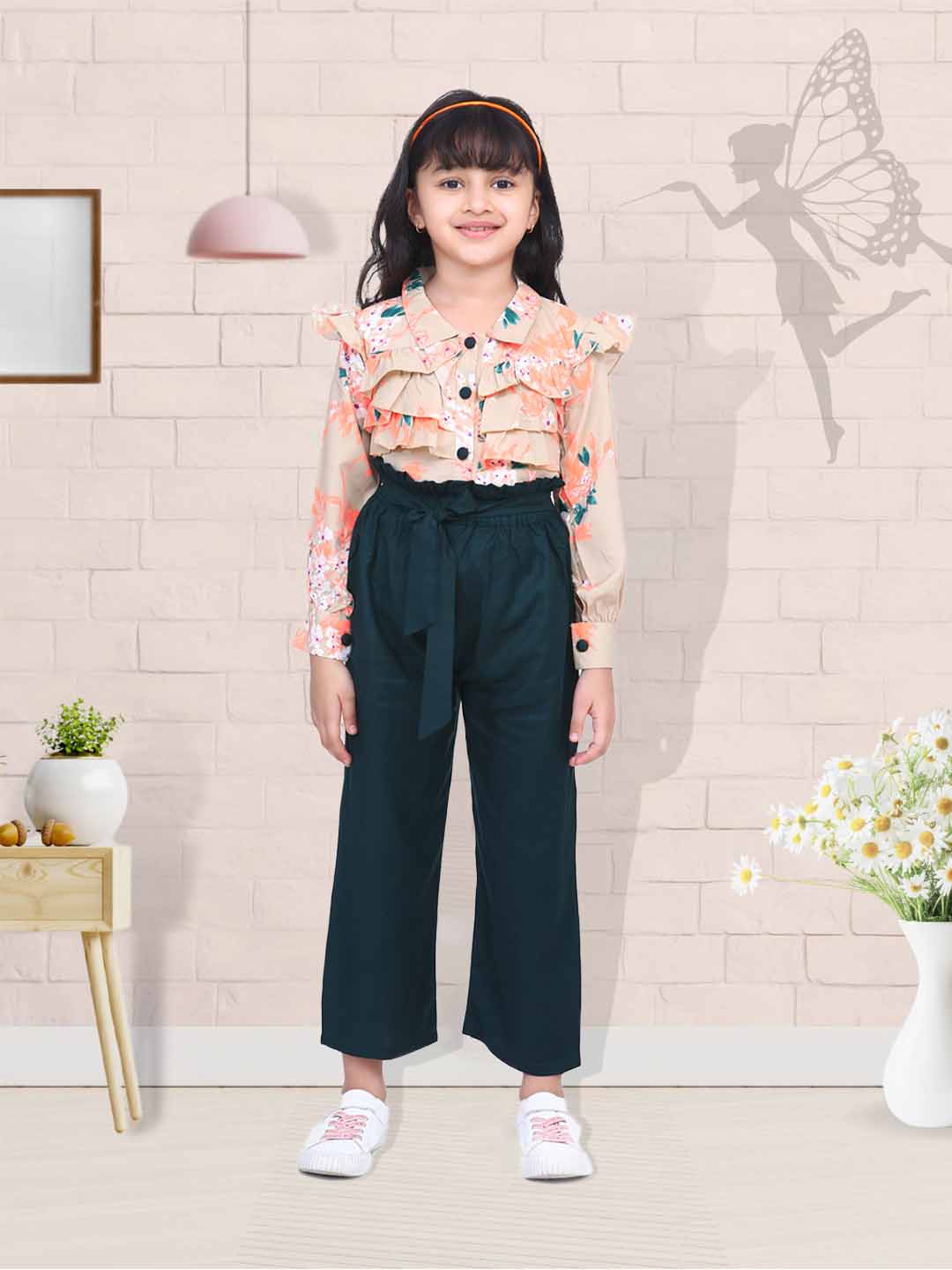 Cutiekins Floral Print Shirt Style Top & Floral Linen Palazzo Set -Beige & Bottle Green