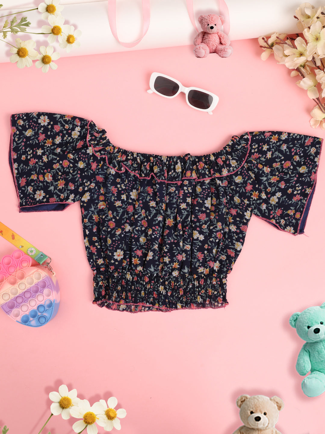 Cutiekins Girls Floral Print Embellished Puff Sleeve Ruffles Top -Navy & Multi