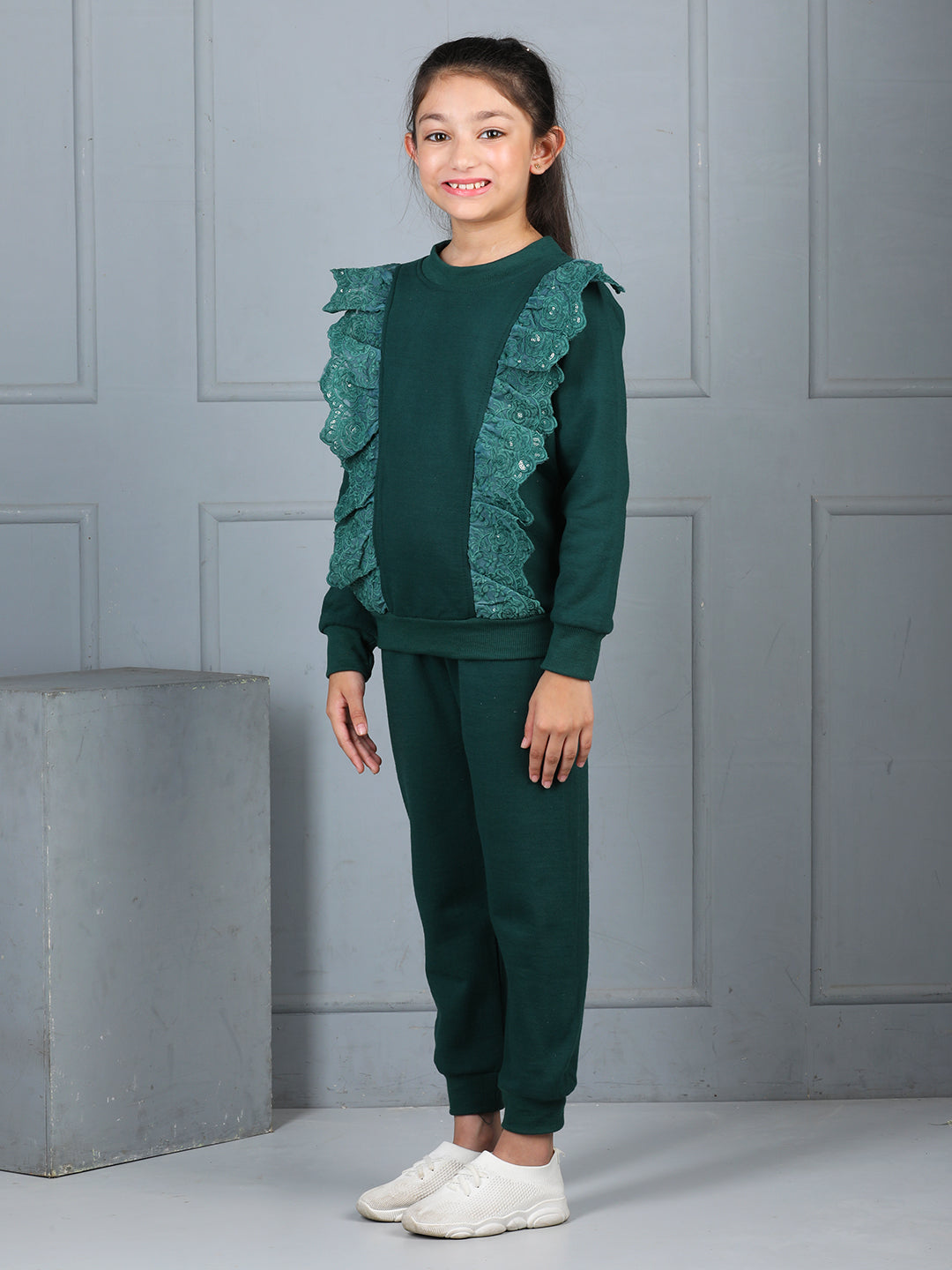 Cutiekins Girls Solid Embellished Cozy Tracksuit -Dark Green