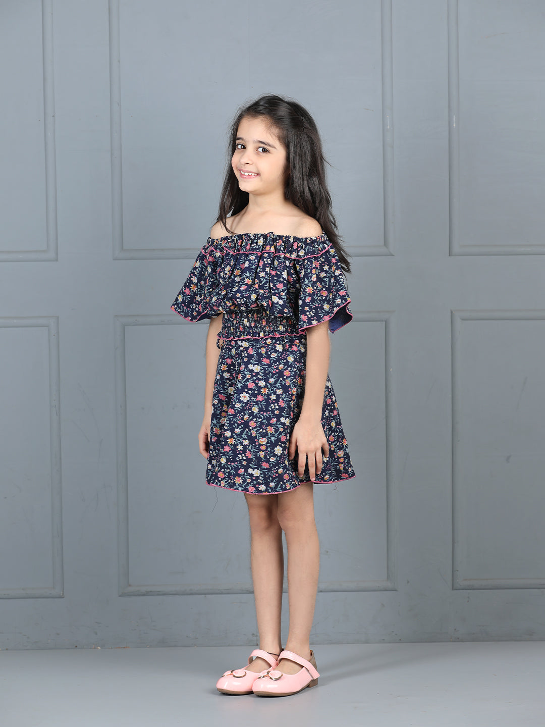 Cutiekins Girls Floral Printed Embellished Top With Printed Skirt -Dark Blue & Multi