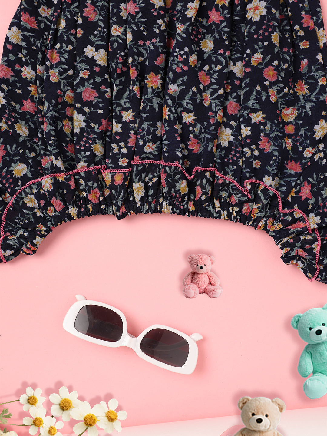 Cutiekins Girls Floral Print Embellished Puff Sleeve Ruffles Top -Navy & Multi