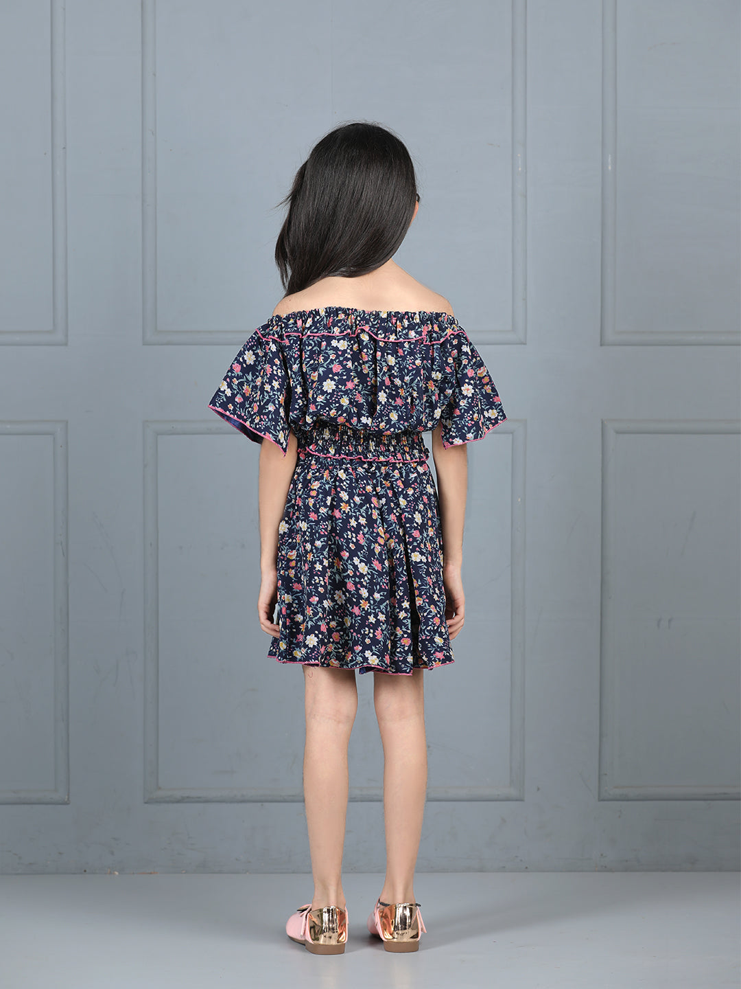 Cutiekins Girls Floral Printed Embellished Top With Printed Skirt -Dark Blue & Multi