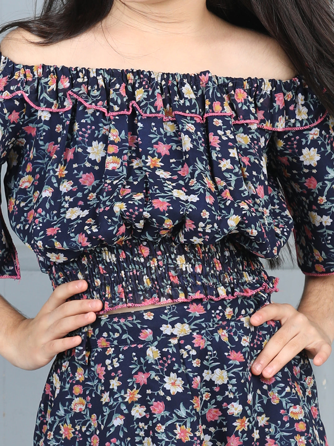 Cutiekins Girls Floral Printed Embellished Top With Printed Skirt -Dark Blue & Multi