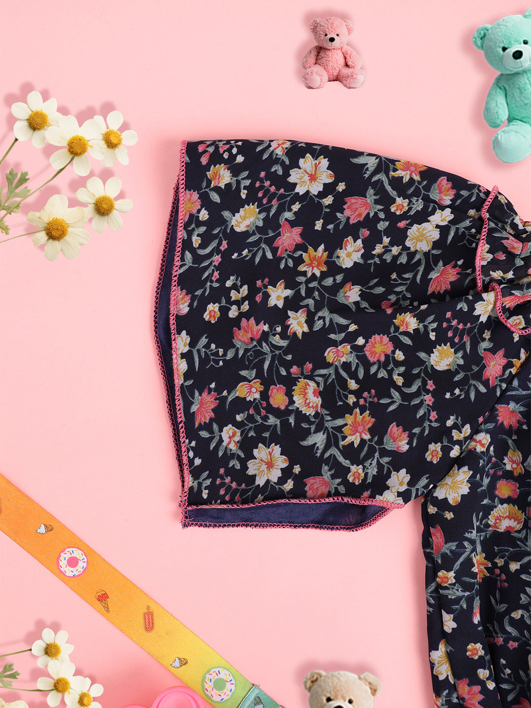 Cutiekins Girls Floral Print Embellished Puff Sleeve Ruffles Top -Navy & Multi