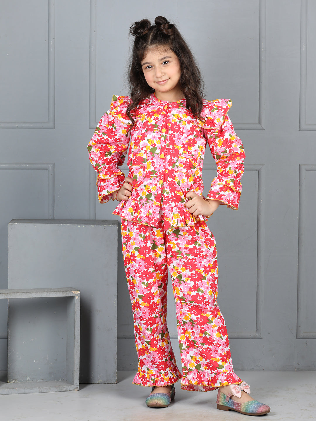 Cutiekins Girls Shirt Style Floral Printed Top With Printed Palazzo Nightsuit -Coral & Off White