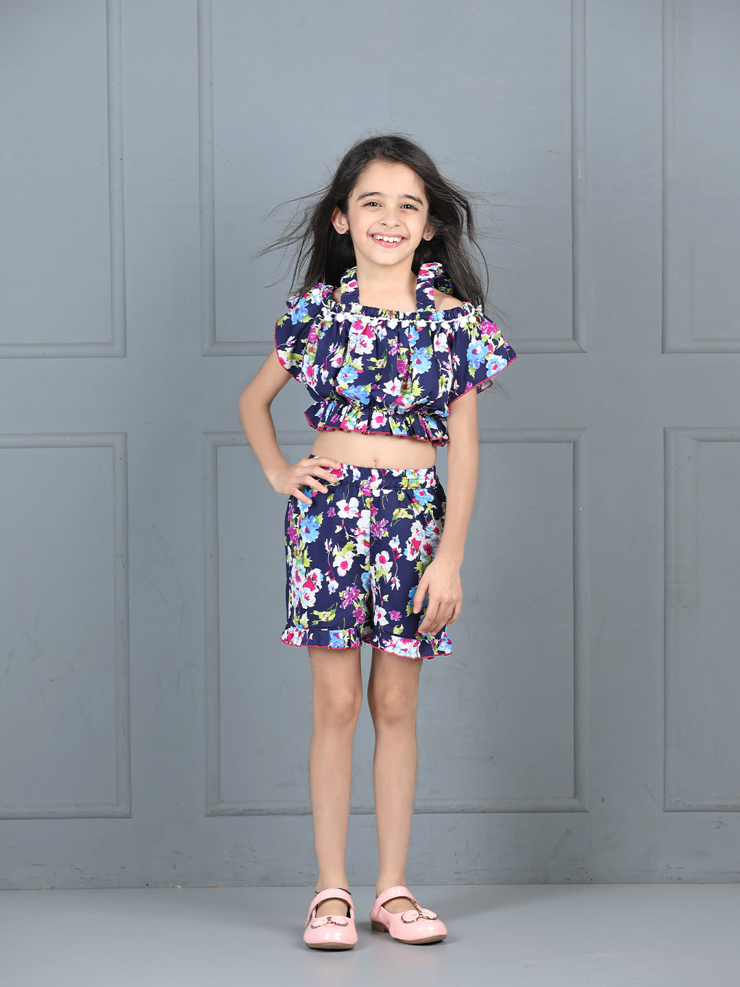 Cutiekins Girls Floral Printed Embellished Top With Printed Shorts -Navy Blue & Multi