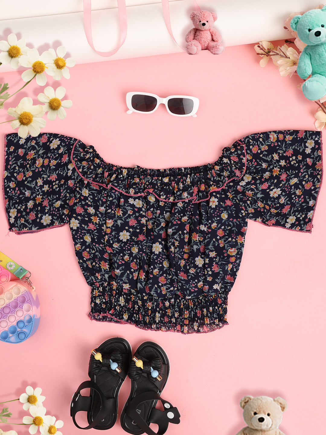 Cutiekins Girls Floral Print Embellished Puff Sleeve Ruffles Top -Navy & Multi