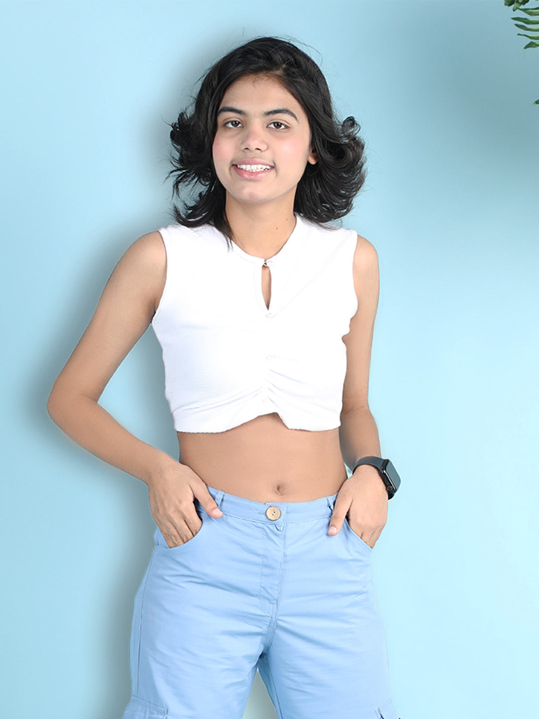 Cutiekins Girls Solid Embellished Stylish Crop Top -White