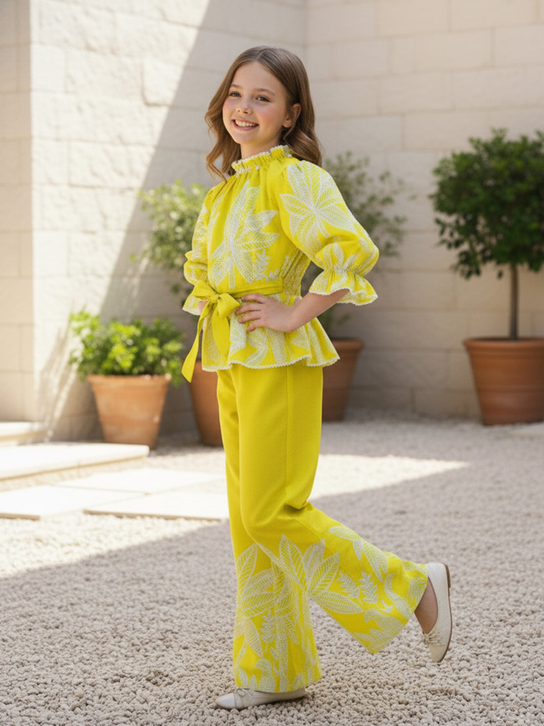 Cutiekins Girls Trendy Floral Print Peplum Top and Wide Leg Pants Co-Ord Set - Yellow & White
