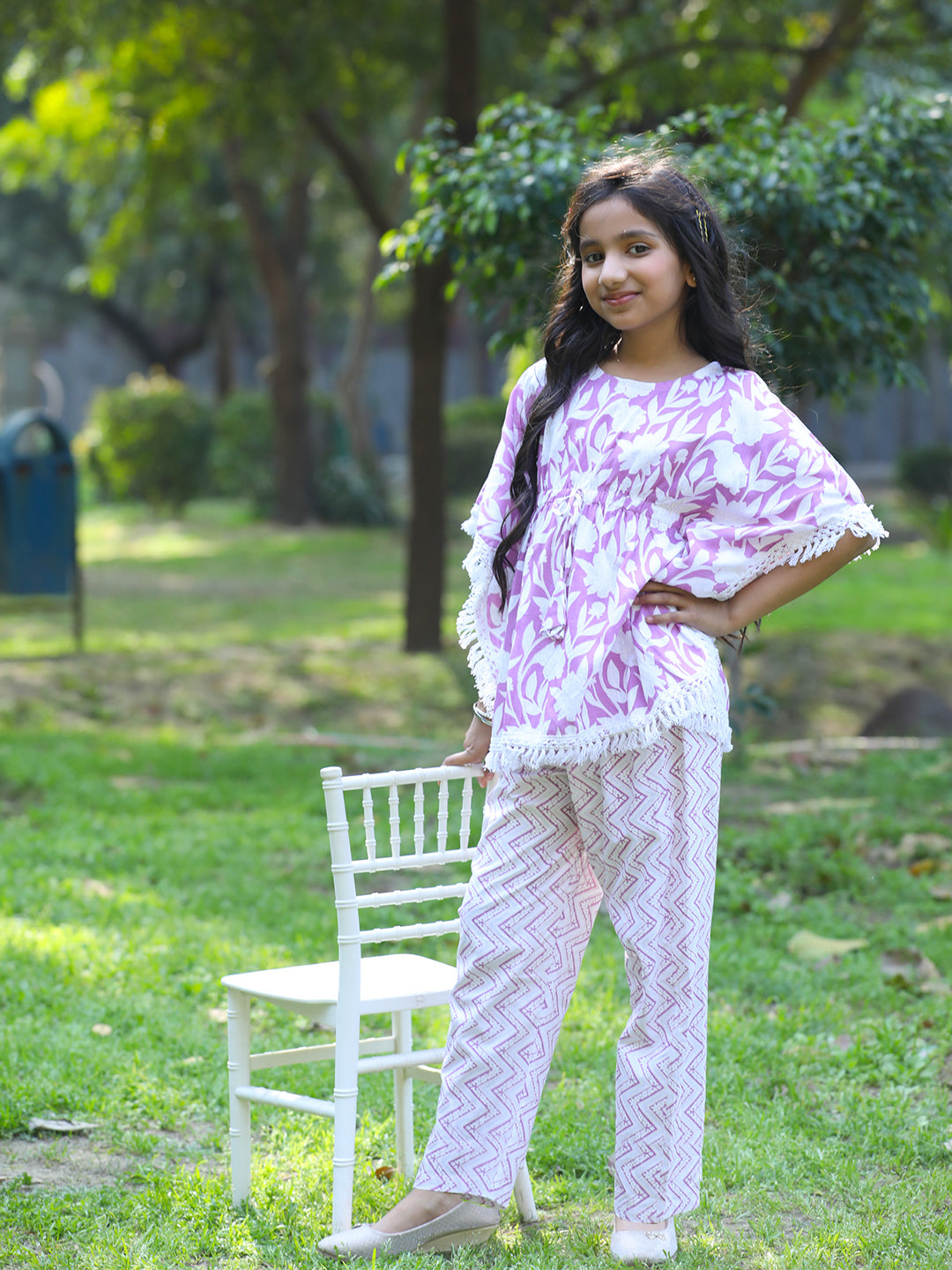 Cutiekins Girls Trendy Floral Print Kaftan Kurta and Palazzo Set -Onion Pink & Off White