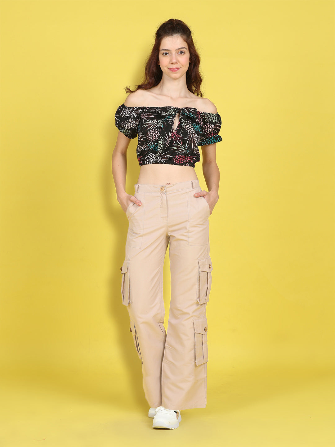 Cutiekins Girls Trendy Bold Look Crop Top With Solid Cargo -Black & Beige