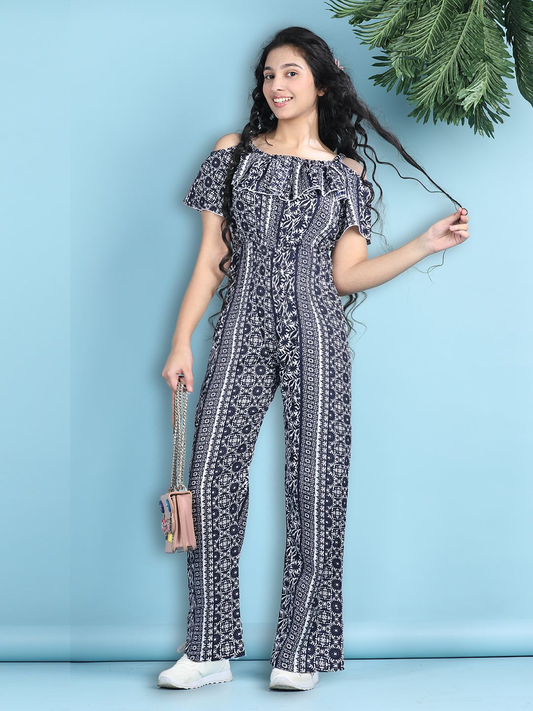 Cutiekins Girls Stylish Ethnic Motifs Print Jumpsuit -Dark Blue & Off White