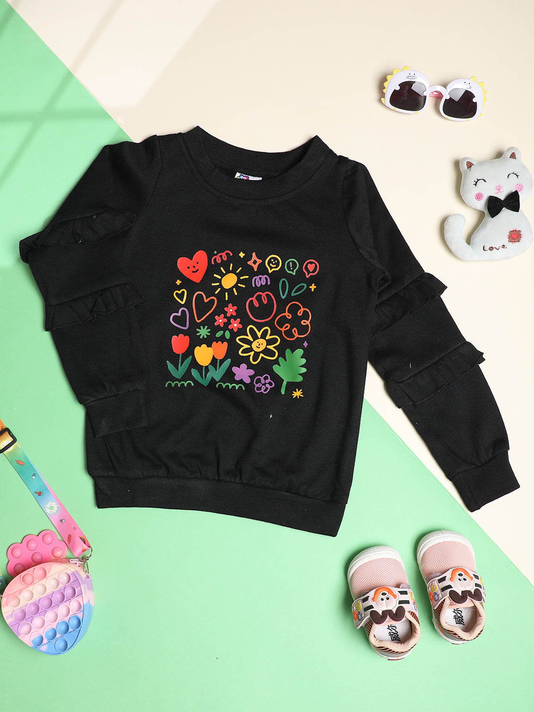 Cutiekins Girls Graphic Print Trendy Winter Sweatshirt -Black & Multi