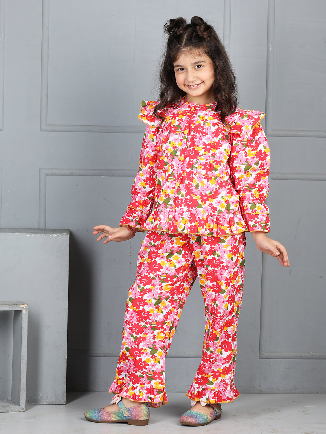 Cutiekins Girls Shirt Style Floral Printed Top With Printed Palazzo Nightsuit -Coral & Off White