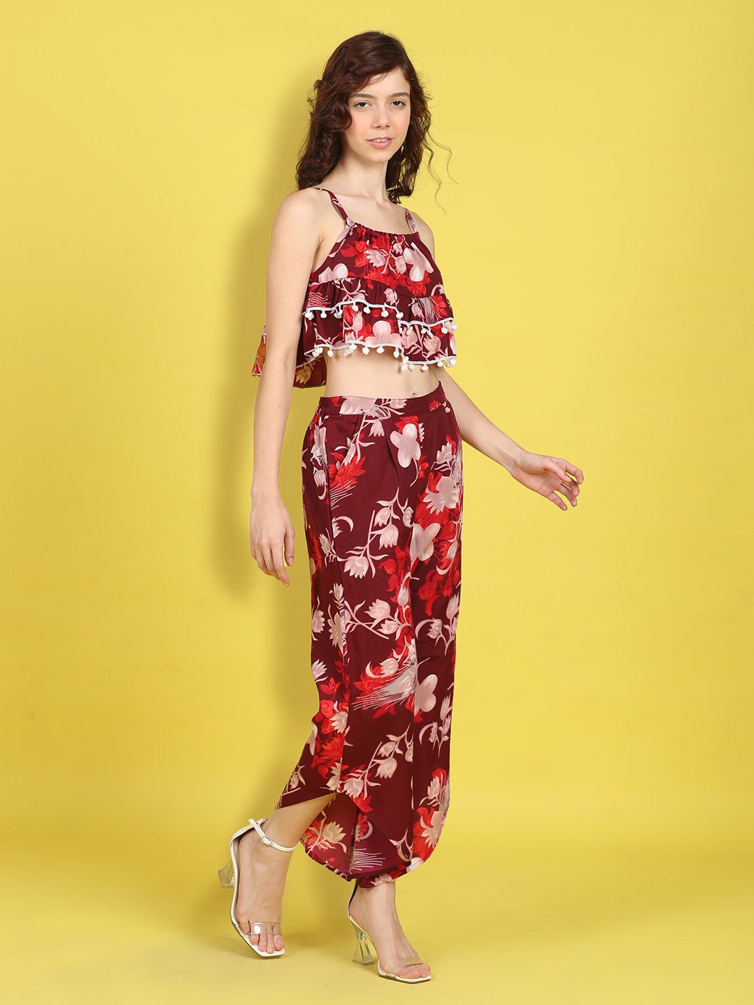 Cutiekins Girls Trendy Bold Style Printed Top & Palazzo Co-ord Set -Maroon & Off White