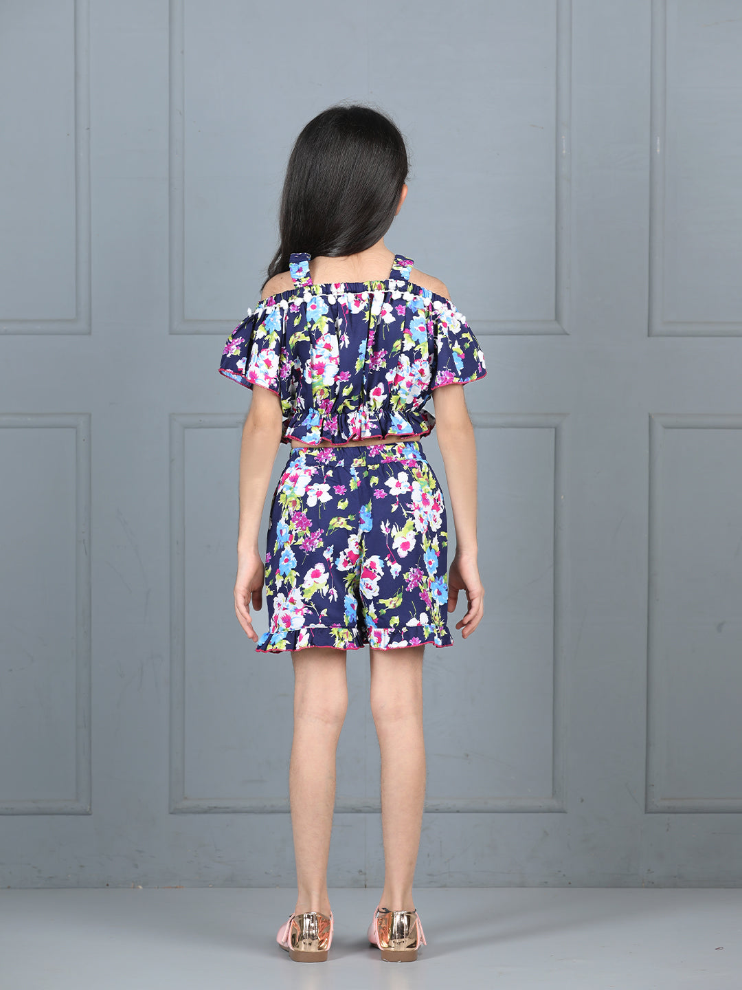 Cutiekins Girls Floral Printed Embellished Top With Printed Shorts -Navy Blue & Multi